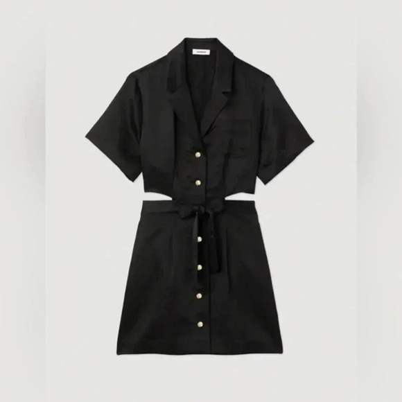 SANDRO Short Openwork Black Satin dress, Size 4, button down, collar. - Picture 1 of 8
